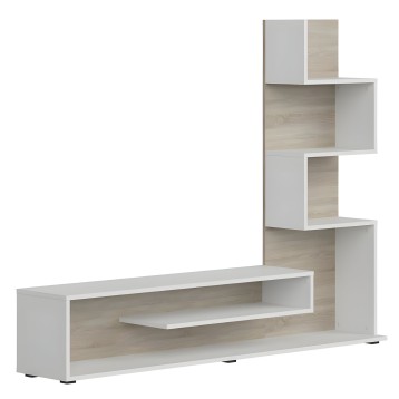Mueble modular TV blanco y roble con estantes escalonados y compartimentos abiertos