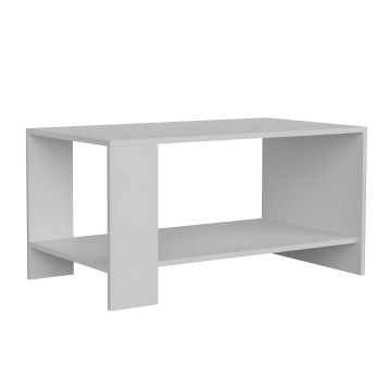 Mesa de centro blanca con estructura geométrica y compartimientos abiertos en los laterales y estante inferior