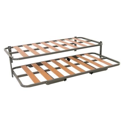 Cama nido con estructura metálica gris y somiers de láminas de madera vista frontal