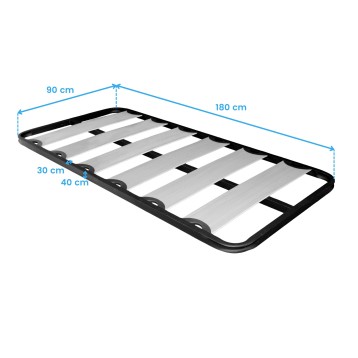 Base de cama con estructura negra y láminas grises y blancas vista en perspectiva con medidas