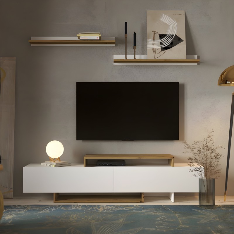 Mueble TV blanco y madera con frentes lacados y patas de madera natural en salón moderno
