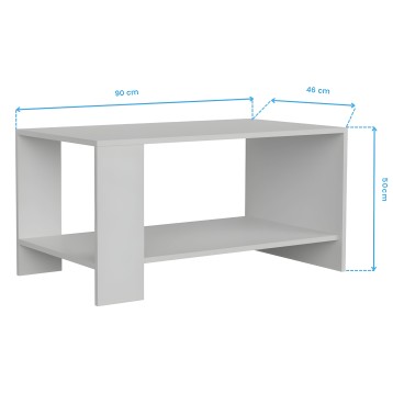 Mesa de centro gris con estructura de madera y estante inferior abierto vista frontal con medidas