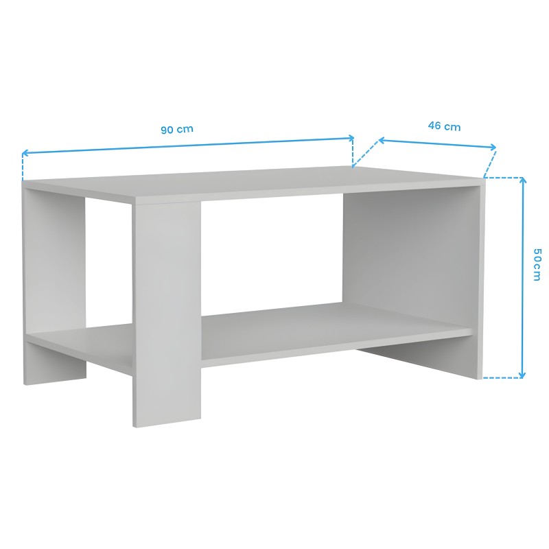 Mesa de centro gris con estructura de madera y estante inferior abierto vista frontal con medidas