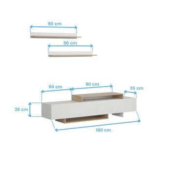 Mueble TV blanco con frentes de madera natural y estantes flotantes de roble con medidas dimensionales mostradas