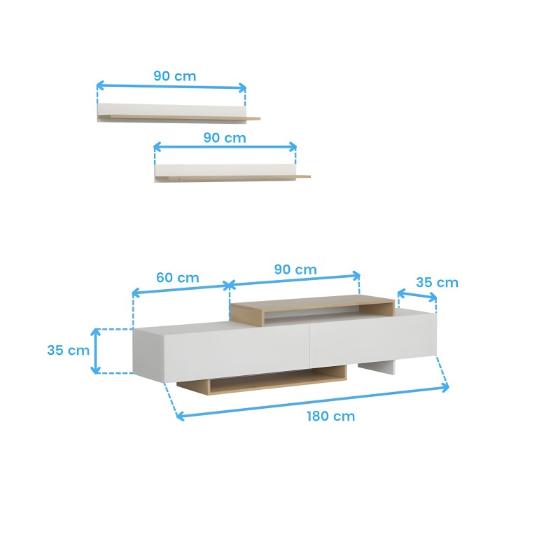 Mueble TV blanco con frentes de madera natural y estantes flotantes de roble con medidas dimensionales mostradas