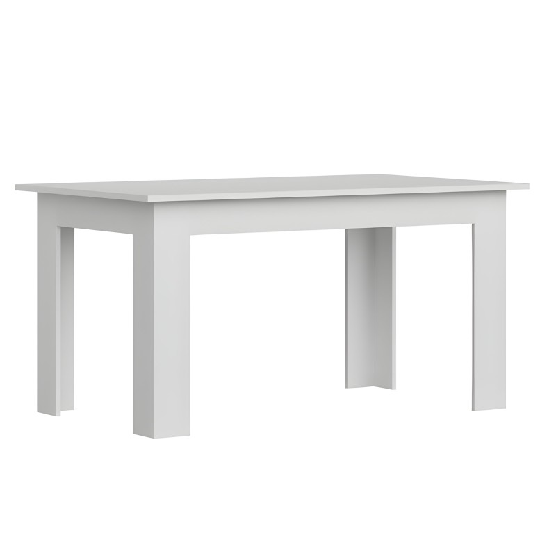 Mesa de comedor rectangular en blanco con estructura de patas macizas y hueco central en la base