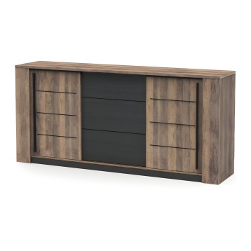 Aparador de madera clara con puertas laterales y panel central negro con tiradores metálicos
