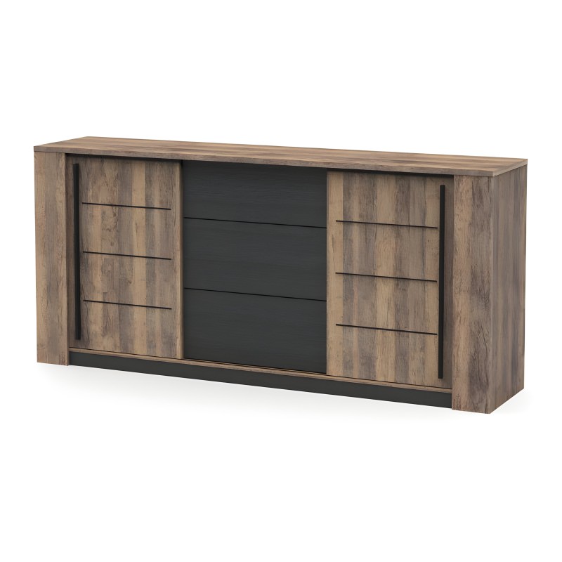 Aparador de madera clara con puertas laterales y panel central negro con tiradores metálicos