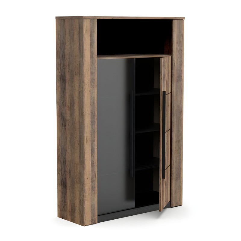 Armario alto de madera con puerta y estante interior compartimentos negros y acabado roble envejecido