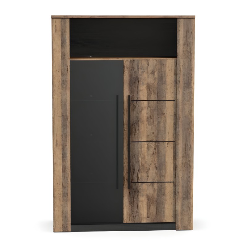 Armario alto en madera clara y negro con puerta y estantes abiertos laterales en vista frontal