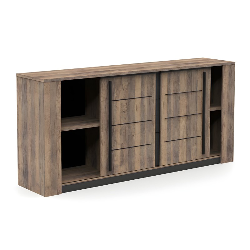 Aparador de madera clara con puertas correderas y compartimentos abiertos y cerrados