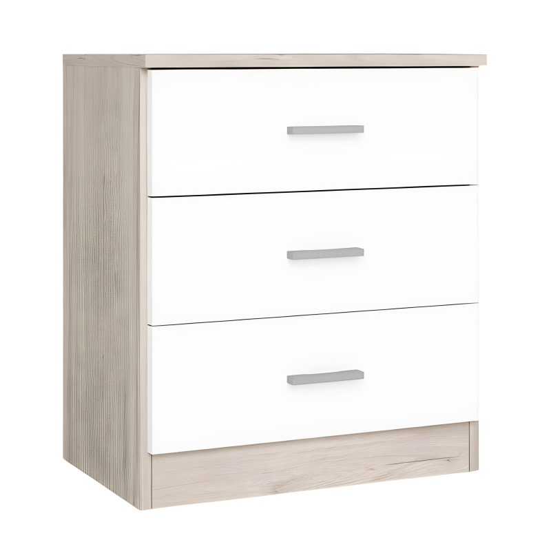 Cómoda de madera clara con frente blanco y cuatro cajones con tiradores grises metálicos