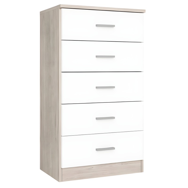 Cómoda de madera clara con seis cajones blancos y tiradores grises metálicos