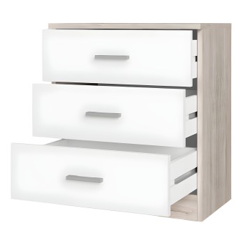 Cajonera de tres cajones blancos y estructura en madera clara con tiradores plateados