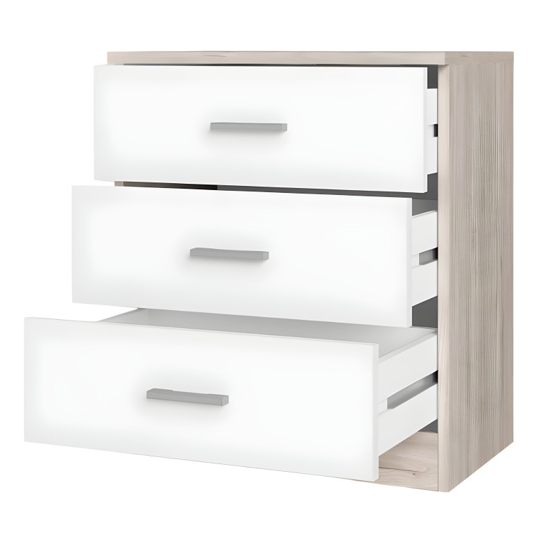 Cajonera de tres cajones blancos y estructura en madera clara con tiradores plateados