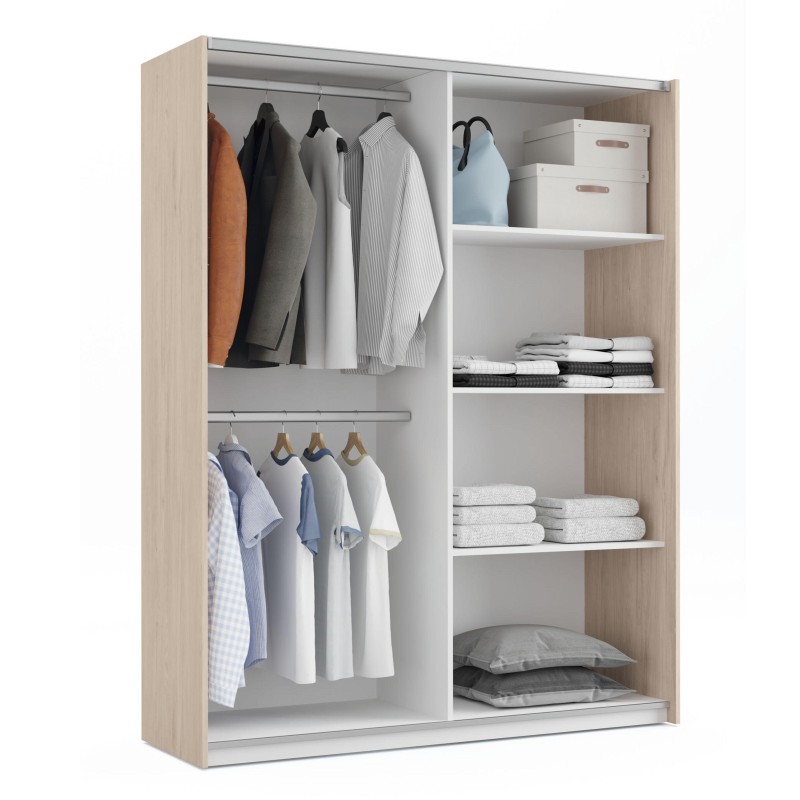 Armario modular de madera clara con dos secciones de ropa colgada y estantes con ropa doblada y accesorios