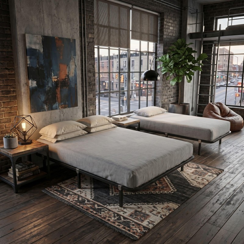 Cama nido con estructura metálica negra y colchones grises en dormitorio estilo loft industrial con ventanales