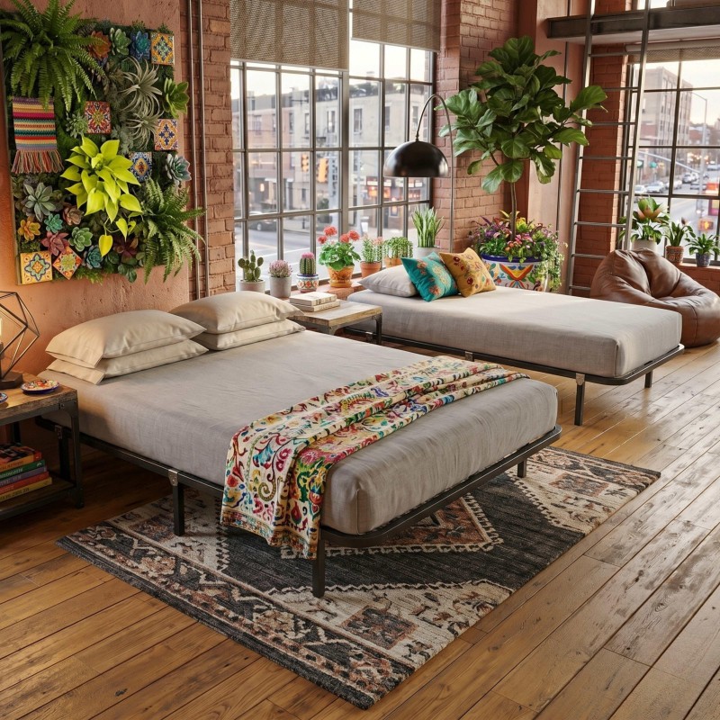 Camas individuales tapizadas en gris claro con estructura metálica negra en ambiente loft con plantas y ventanales