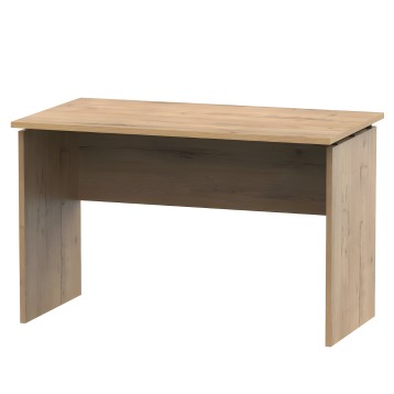 Escritorio de madera clara con tablero superior y frente en tonos naturales y oscuros