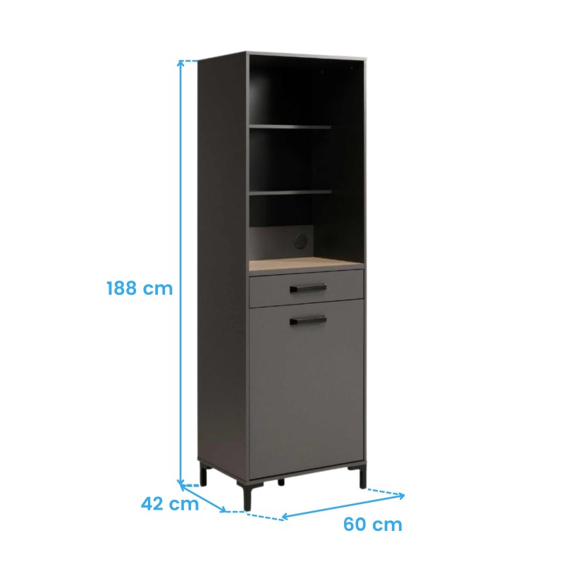 Mueble estantería alto gris oscuro con tres estantes abiertos y base con dos cajones