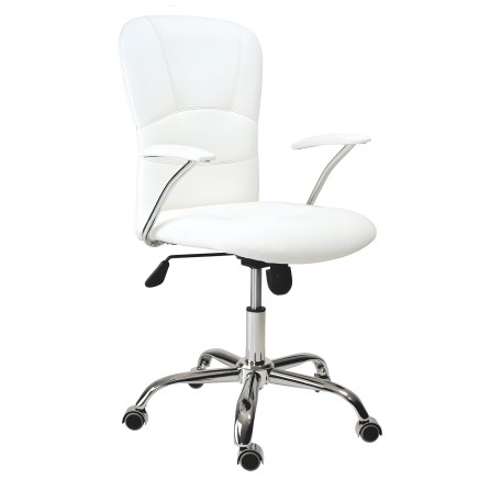 Silla de oficina giratoria blanca con respaldo ergonómico y brazos ajustables sobre ruedas
