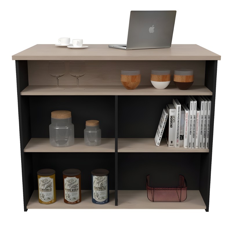 Isla de cocina con estantería integrada estructura negra y tableros beige con múltiples compartimentos para almacenaje