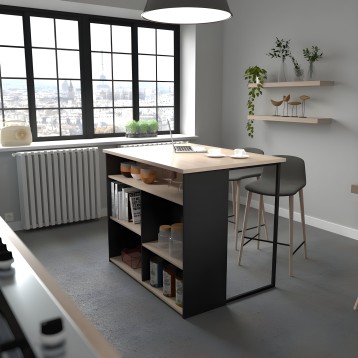 Mesa de cocina isla negra y madera con almacenamiento y taburete en ambiente moderno