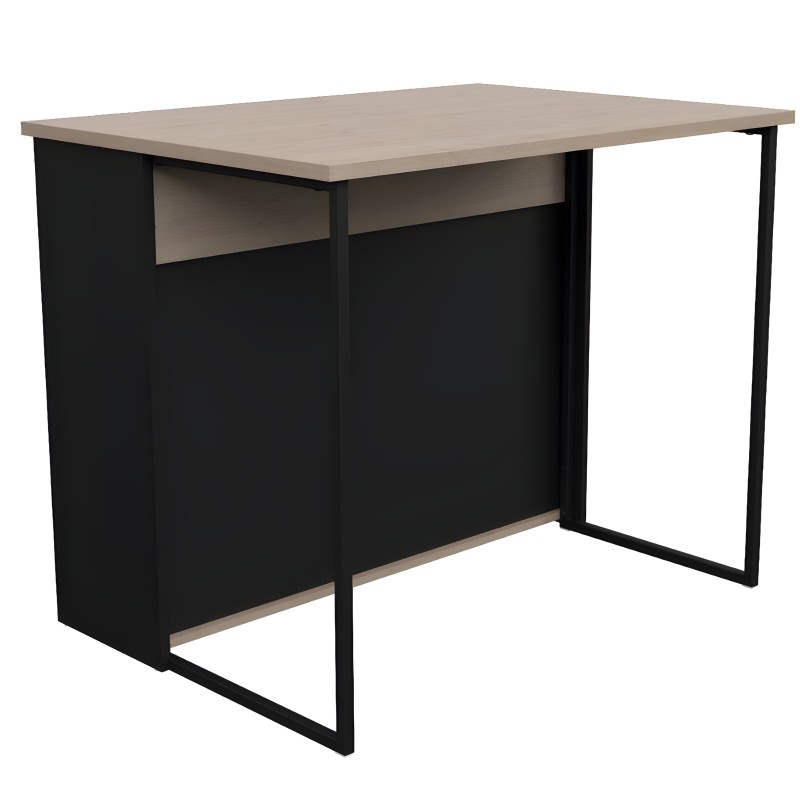 Isla de cocina con estructura negra y tablero gris claro con cajón y patas metálicas