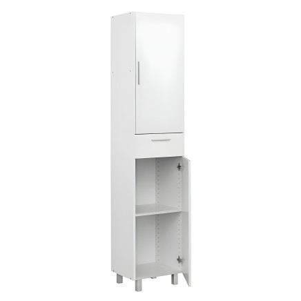 Armario alto blanco con puertas superiores y compartimentos abiertos inferiores con estantes ajustables