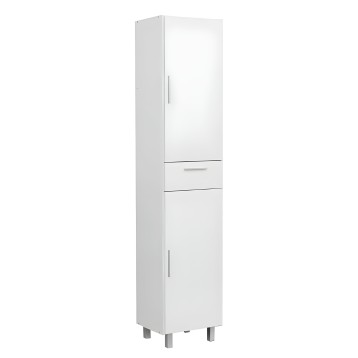 Armario alto blanco con puerta superior y dos cajones centrales y puerta inferior con tirador metálico