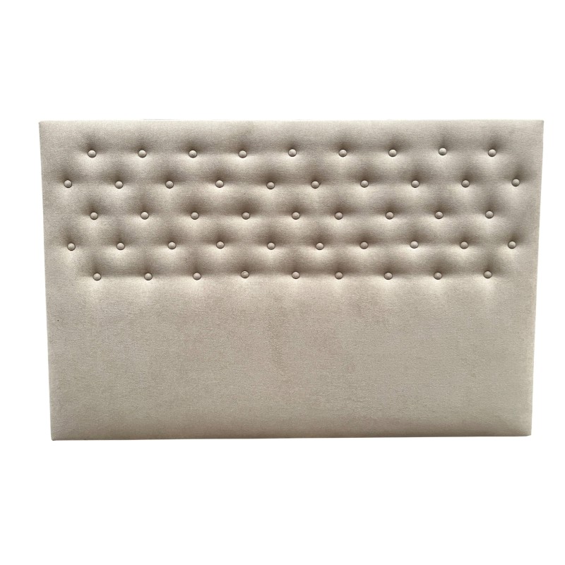 Cabecero tapizado en tela beige con botones decorativos en patrón acolchado y respaldo alto
