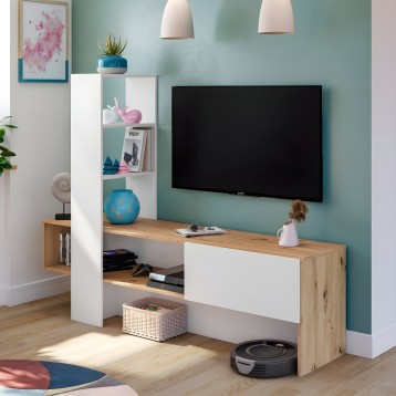 Mueble TV modular en madera natural y blanco con estantería abierta integrada en ambiente de sala