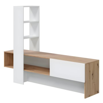 Mueble TV modular madera natural y blanco con estantería vertical de tres niveles y compartimentos abiertos