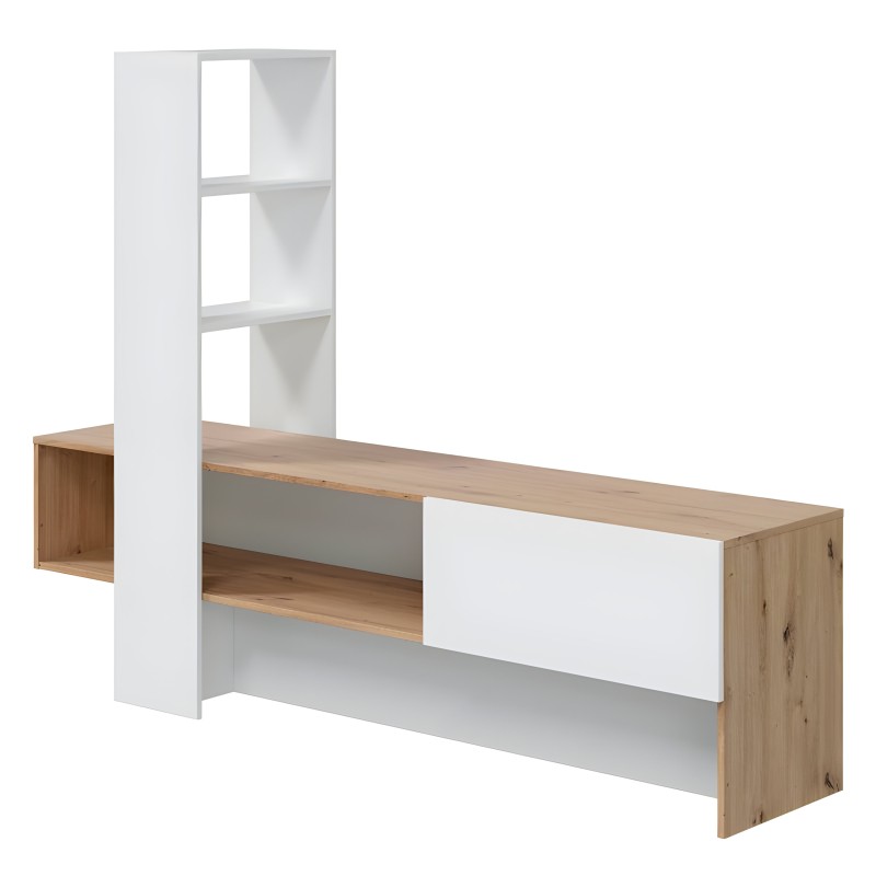 Mueble TV modular madera natural y blanco con estantería vertical de tres niveles y compartimentos abiertos