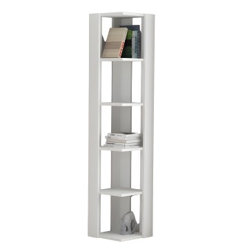 Estantería vertical blanca con cinco compartimentos abiertos para libros y objetos decorativos