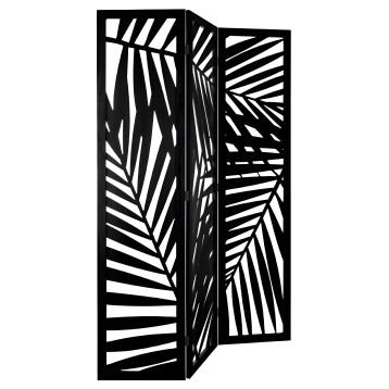 Biombo divisor de dos paneles negro con patrón geométrico de líneas y hojas estilizadas