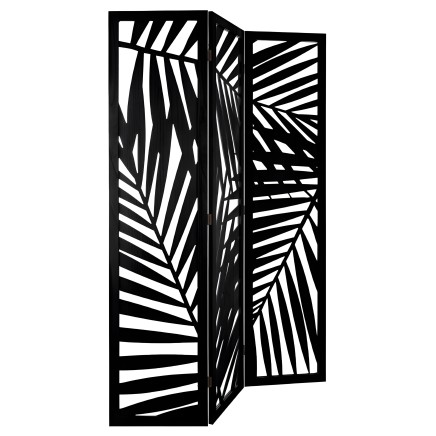 Biombo divisor de dos paneles negro con patrón geométrico de líneas y hojas estilizadas