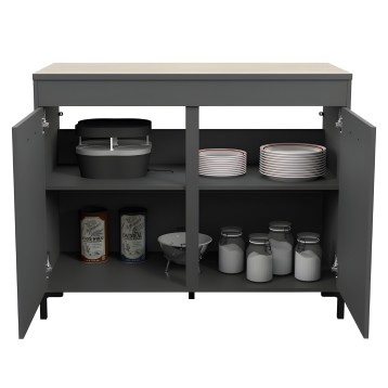 Aparador gris antracita con dos puertas abiertas mostrando interior con platos y recipientes de almacenamiento