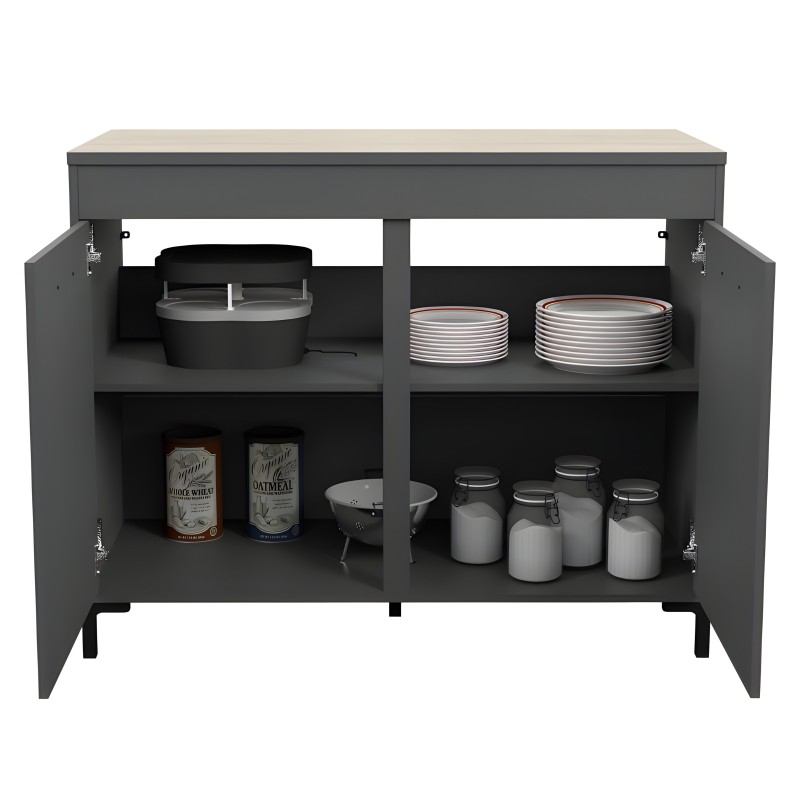 Aparador gris antracita con dos puertas abiertas mostrando interior con platos y recipientes de almacenamiento