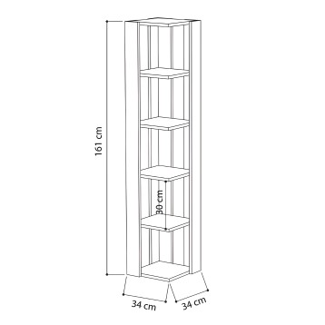 Estantería vertical esquinera con estructura de madera y seis estantes horizontales distribuidos en altura
