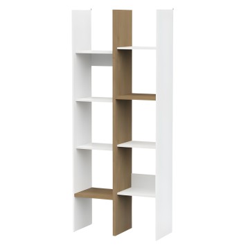 Estantería modular vertical blanca y madera con seis estantes asimétricos y columna central en tono nogal