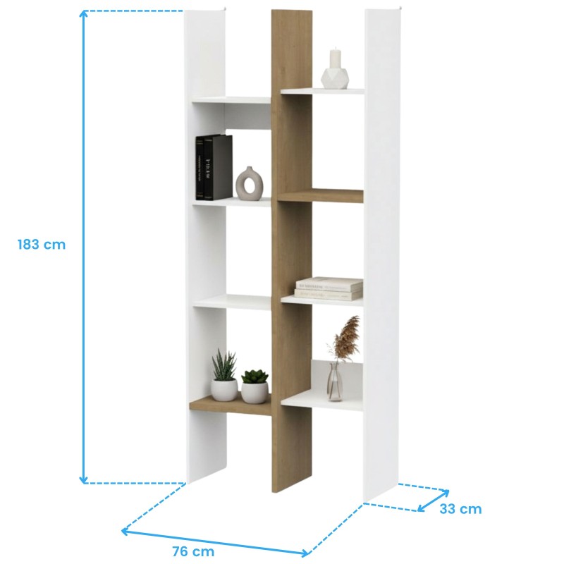 Estantería vertical modular blanca y madera con múltiples compartimentos y estantes para libros y decoración
