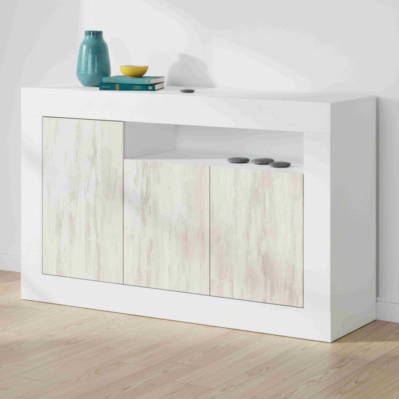 Aparador blanco con puertas efecto madera clara y estante abierto superior decorado