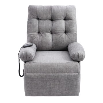 Sillón reclinable gris claro con tapizado acolchado y reposabrazos tipo almohada con control remoto