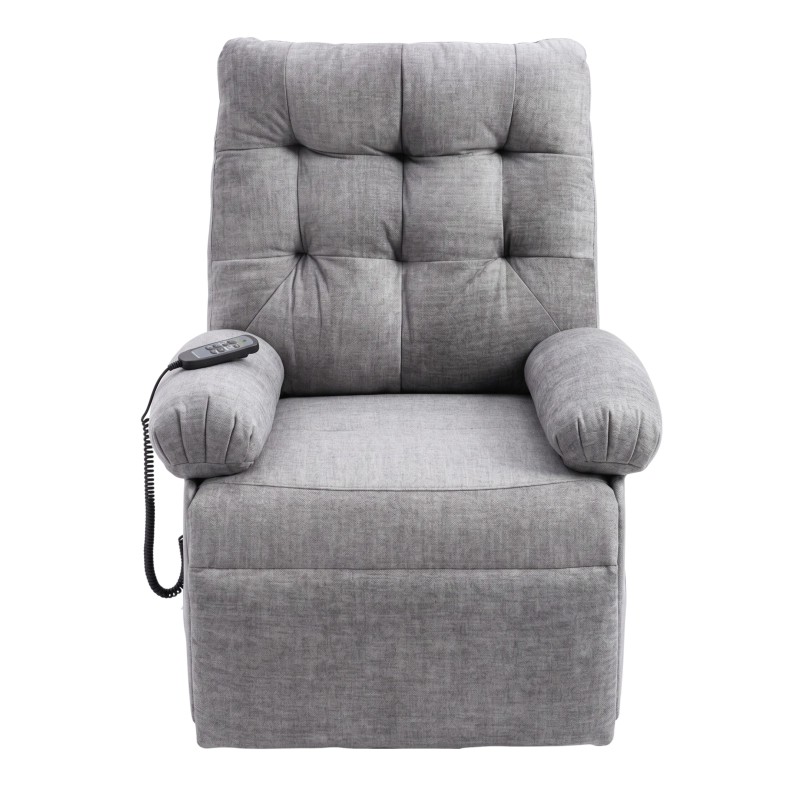 Sillón reclinable gris claro con tapizado acolchado y reposabrazos tipo almohada con control remoto