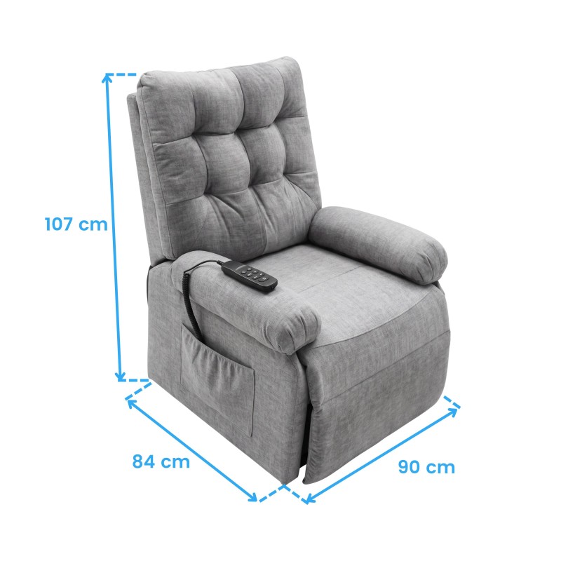 Sillón relax reclinable gris con respaldo acolchado y reposapiés extensible con control remoto