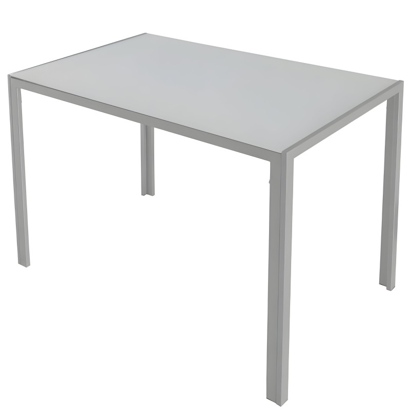 Mesa rectangular gris claro con tablero liso y estructura de patas metálicas en vista de perspectiva