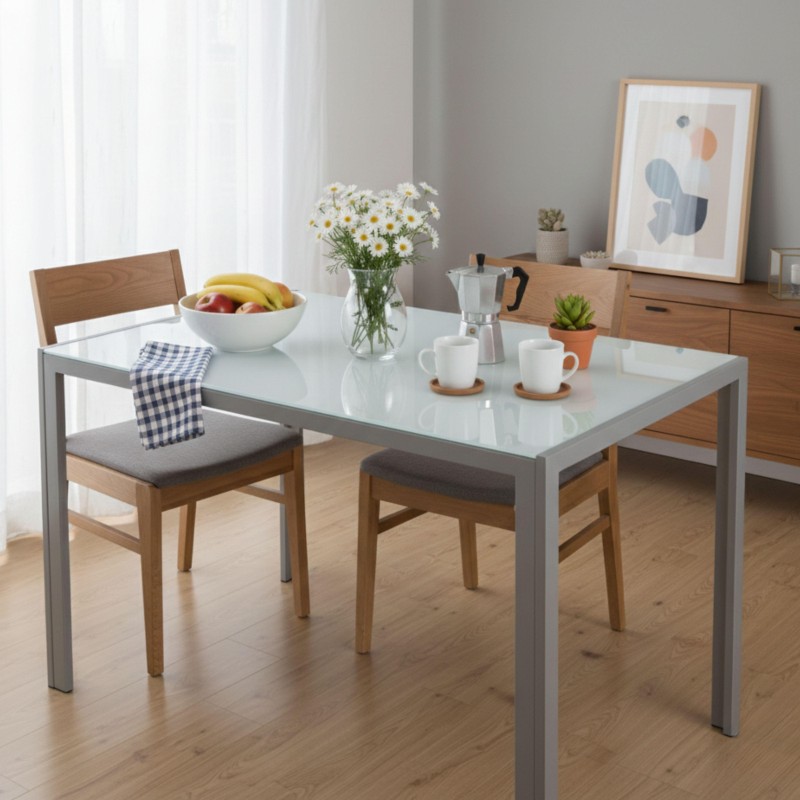 Mesa de comedor rectangular con tapa blanca y estructura gris y sillas de madera con asiento tapizado gris en ambiente de cocina