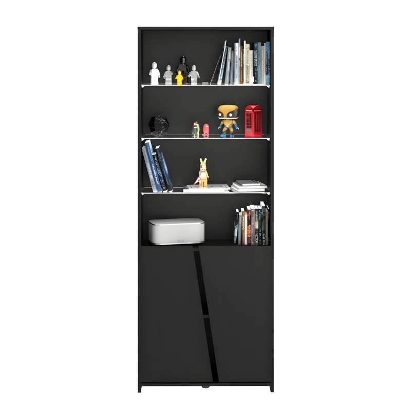 Estantería negra con cinco baldas blancas y puertas inferiores decorada con libros y figuras coleccionables