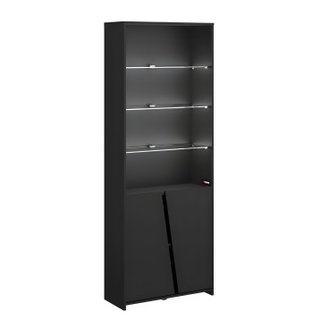 Vitrina negra de madera con tres estantes de cristal iluminados y armario inferior con puertas